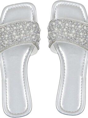 🆕 Women's Silver Pearl Rhinestone Slide Sandals Open Toe Flat Slippers Shoe